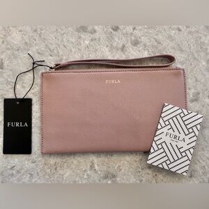 NWT Furla Italia XL Leather Envelope Wristlet in the color Moonstone/Pink